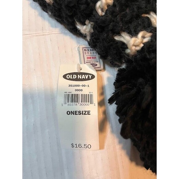 NWT Old Navy Scarf Black Wool Blend Cream Bows Pom Poms Winter Boho Cozy Wrap - Picture 3 of 4